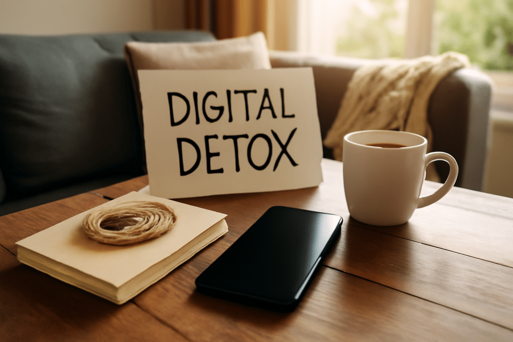 A cozy living room scene with a smartphone, notebook, and a warm beverage, symbolizing a digital detox weekend.