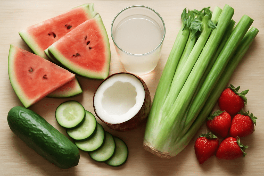 fresh hydrating foods than water including watermelon, cucumber, strawberries, celery, coconut, and water on a blue wooden background