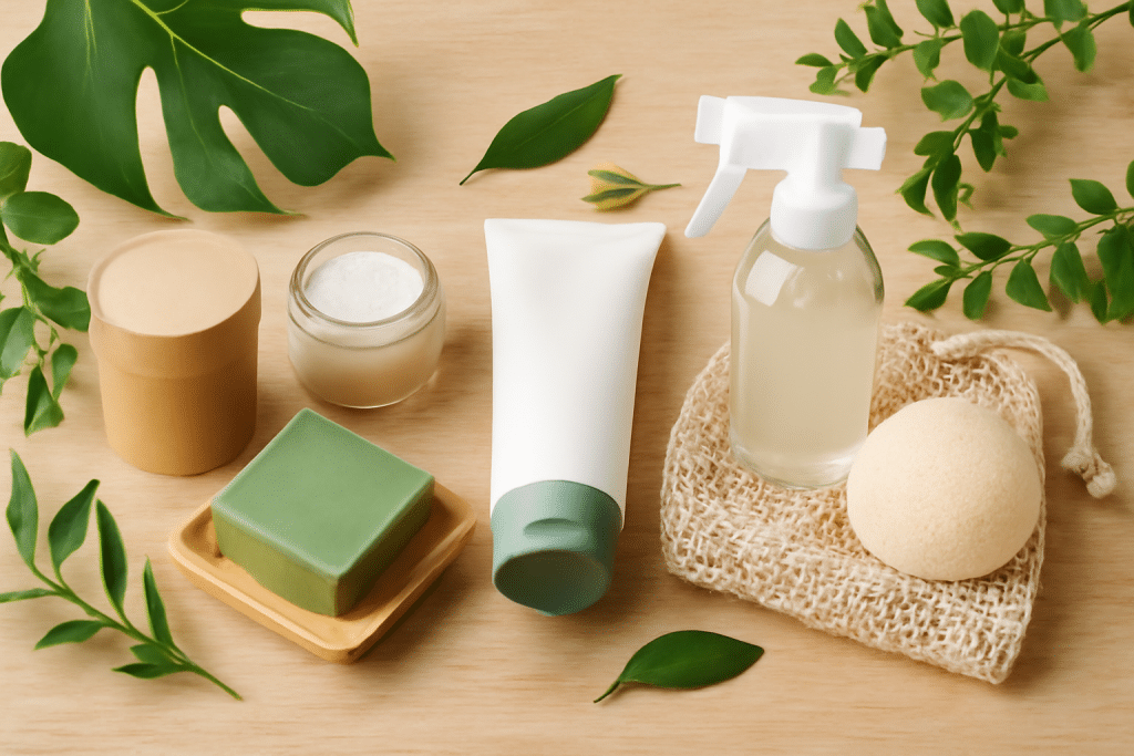 Environmentally friendly, disposable, recyclable tableware. Paper food boxes, plates and Cutlery of cornstarch on a green grass background .