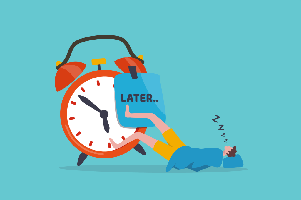 The psychology of procrastination symbolized by a person hitting snooze on an alarm clock with 'LATER' hanging.