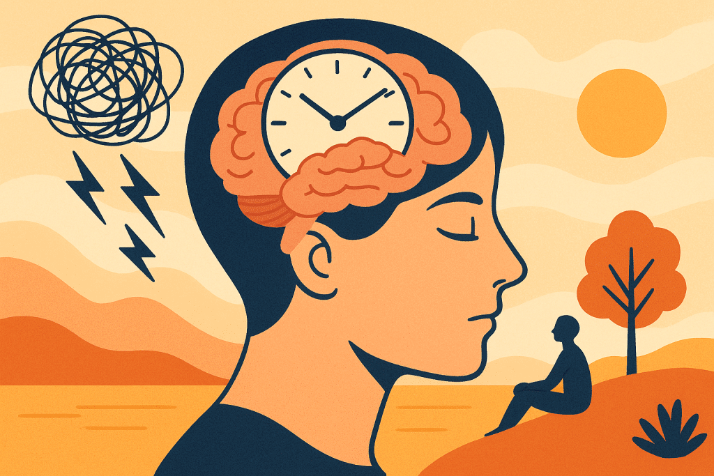 Illustration of a person with a brain-clock inside their head, showing stress on one side and calm recovery on the other.